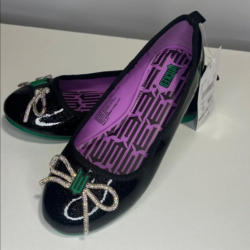 NEW 💜🖤💚Wicked Black + Purple Ballet Flats Girls Size 2 with faux diamond bow